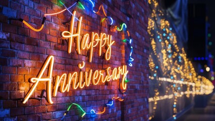 Vibrant Neon Happy Anniversary Sign Illuminating Brick Wall