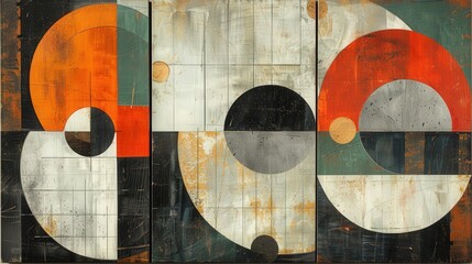 Generate a high-resolution set of three abstract modern wall art panels with geometric patterns in orange, gray, and green. Each panel should feature a unique geometric design while fitting into a