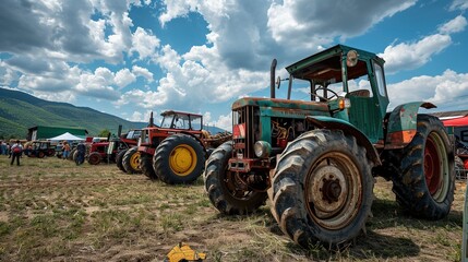 Obraz premium Vintage Tractors Parked in a Field with a Mountainous Background