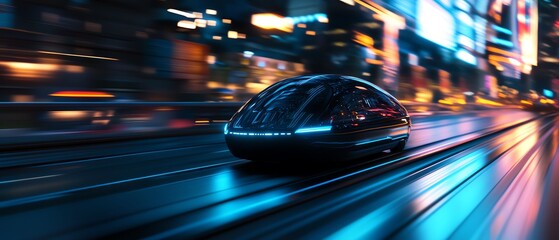 Futuristic vehicle racing through neon-lit city streets, showcasing advanced technology and modern design in a vibrant urban environment.