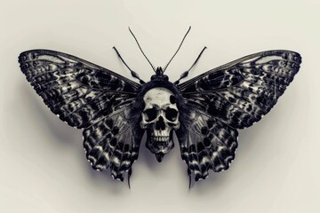 A close-up shot of a butterfly with a skull attached to its body