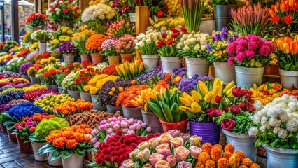 photography of a vibrant flower market with colorful bouquets