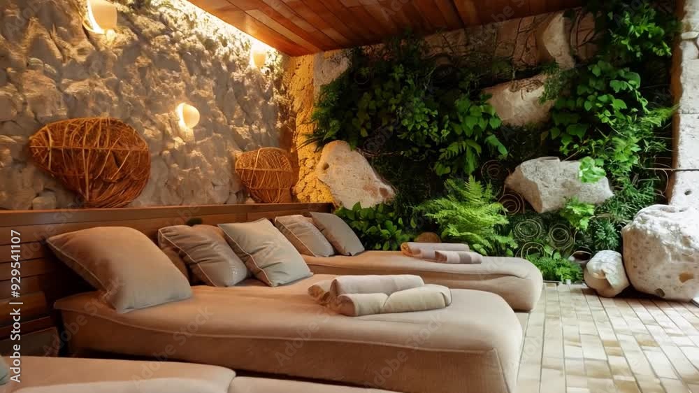 Poster a tranquil spa area features comfortable loungers with towels, illuminated by soft lighting and ador