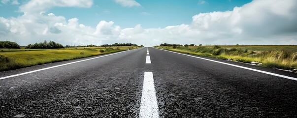 A Straight Road Leading Through a Green Field Under a Cloudy Sky