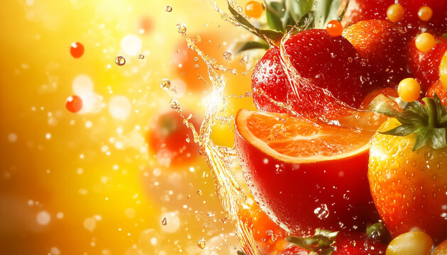 A pieces of sunquick fruit (splash) , juicy strawberries, copy space