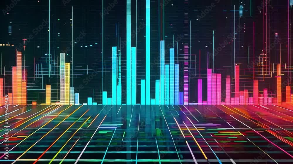 Poster Colorful vertical bars represent sound waves against a dark grid background, showcasing a vivid display of data and energy in a digital environment.