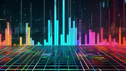 Colorful vertical bars represent sound waves against a dark grid background, showcasing a vivid display of data and energy in a digital environment.