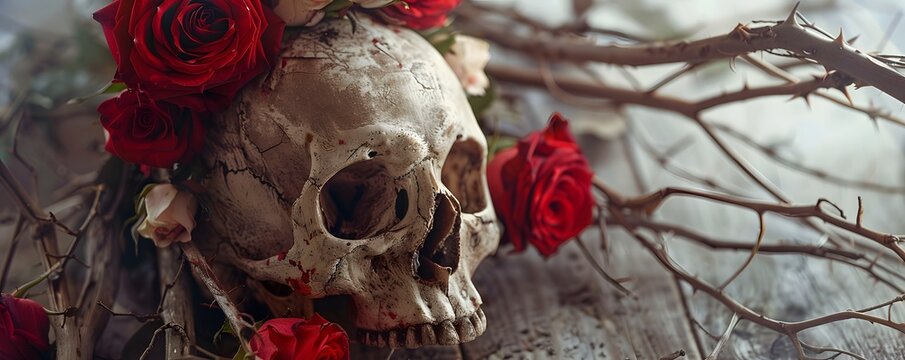 Human Skull with Red Roses and Thorny Branches