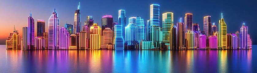 A sprawling futuristic metropolis divided by holographic barriers, each section glowing with different colors, Cyberpunk, 3D rendering