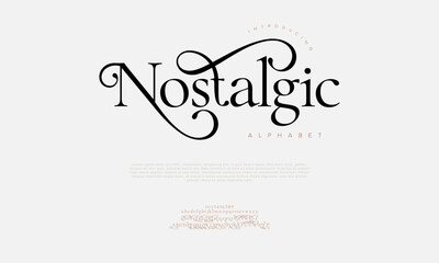 Nostalgic swash luxury elegant alphabet letters and numbers. Vintage wedding typography classic serif font decorative vintage retro. creative vector illustration
