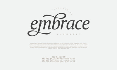 Embrace swash luxury elegant alphabet letters and numbers. Vintage wedding typography classic serif font decorative vintage retro. creative vector illustration