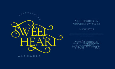 Sweetheart swash luxury elegant alphabet letters and numbers. Vintage wedding typography classic serif font decorative vintage retro. creative vector illustration