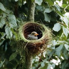 birds-nest-on-a-tree-with-a-small-bird-inside-nestled-on-top-of-dense-green-leaves