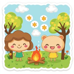 Obraz premium Cute Cartoon Characters Enjoying a Campfire Under the Stars