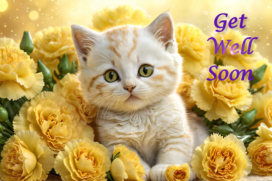 Get well soon card features a cat and a heartwarming bouquet of yellow carnations, expressing wishes for a speedy recovery.
