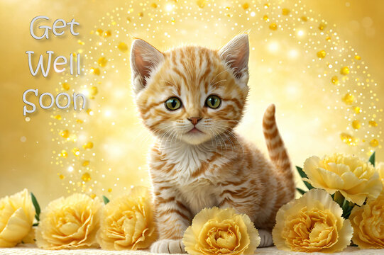 Get well soon card features a cat and a heartwarming bouquet of yellow carnations, expressing wishes for a speedy recovery.
