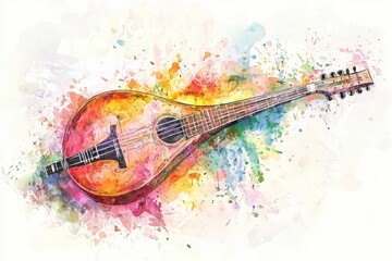 A vibrant watercolor illustration of a mandolin, blending rich colors and artistic flair, perfect for music lovers and decor.