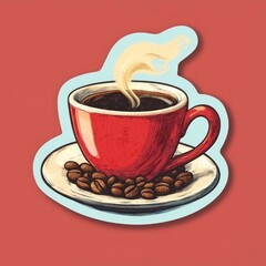 Red Coffee Cup With Steam And Coffee Beans