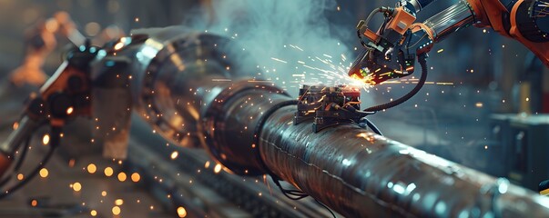 Robotic Arm Welding a Metal Pipe with Sparks Flying