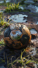 Weathered Soccer Ball on Grass by Muddy Path