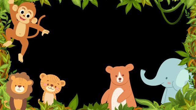4k 2d frame with cute animals junggle. transparent isolated background on alpha channel