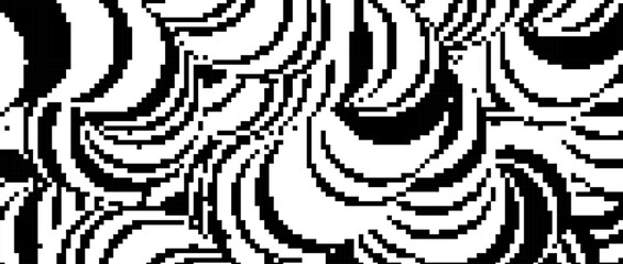 Pixelated undulate wavy shape. Black dither wreathed textured background. Digitalized fluid curvy form for banner, poster, flyer, brochure. Abstract rasterized squiggle overlay wallpaper. Vector