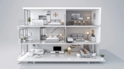 Fototapeta premium 3D rendering of a cut house showing the bedroom, kitchen and living room