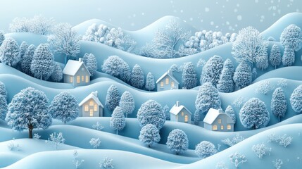 3d of winter village pattern, with faded, soft blue colors and trees and houses