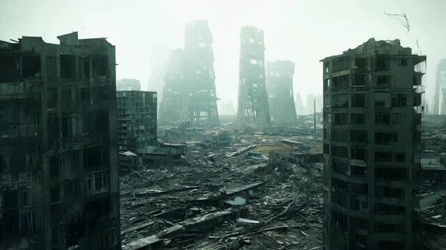 Fog is hanging over a destroyed city with rubble and debris everywhere, showing the aftermath of a devastating apocalyptic event