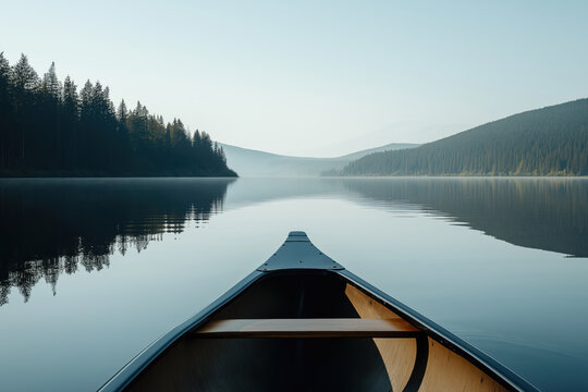 A canoe is on a lake with trees in the background