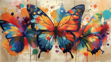 Create a set of three abstract wall art panels featuring butterflies with vibrant, colorful splashes. Each panel should offer a distinct butterfly design and dynamic, vivid splash patterns