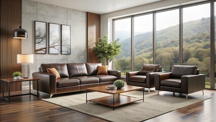 Modern living room interior with sleek dark leather sofa, matching armchair, and coffee table, set against a backdrop of large windows and neutral tone walls.