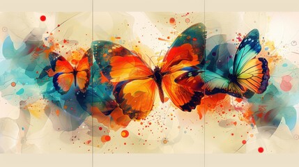 Generate a high-resolution triptych featuring abstract wall art with butterflies and colorful splashes. Each panel should display a distinct butterfly design with bold and dynamic splash effects