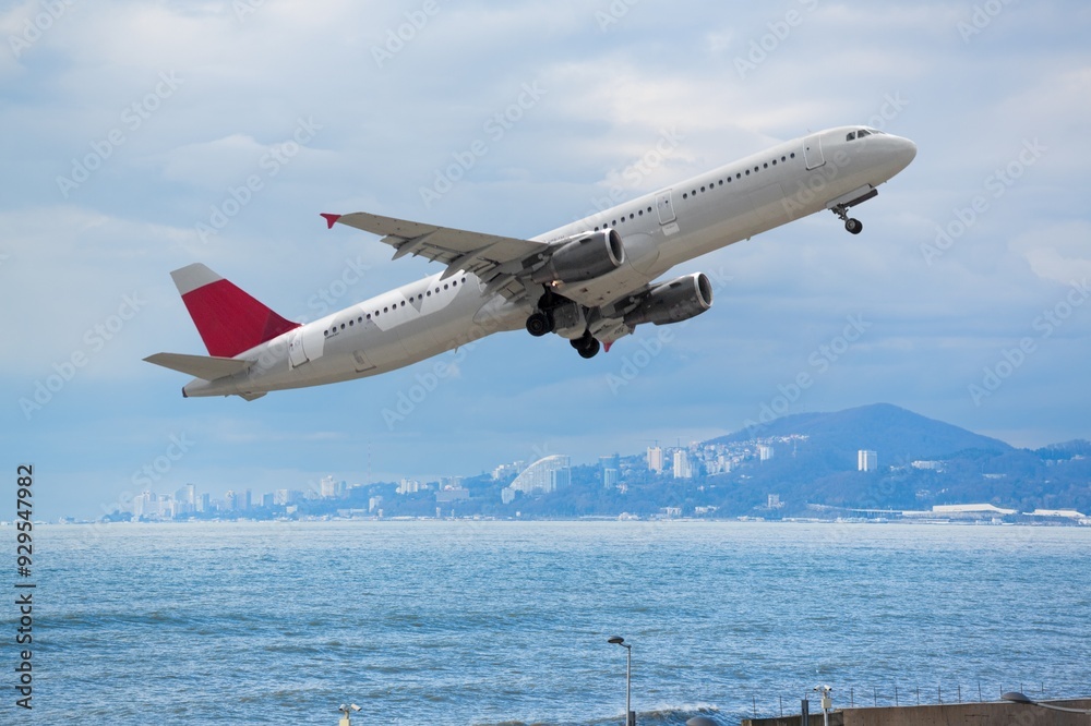 Wall mural Airplane flying at blue sky - travel background