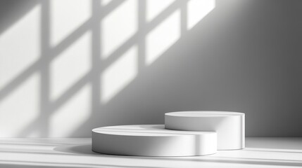 Realistic 3D round corner cube stand podium set in white, gray color scene