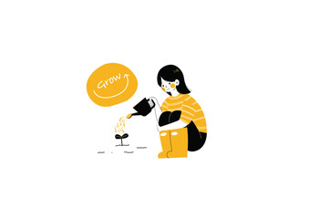 新芽にジョーロで水をあげる女の子のイラスト