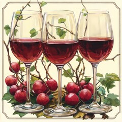 Naklejka premium Three Glasses of Red Wine with Grapes and Vines