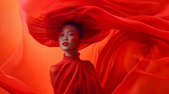 A striking portrait of a woman in flowing red fabric, conveying elegance and emotion.