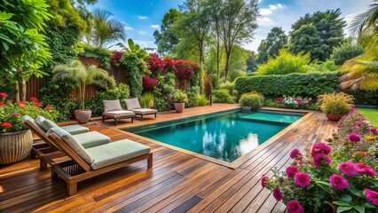 Fototapeta premium Serene swimming pool surrounded by lush greenery and vibrant flowers, adjacent to wooden floor patio with comfortable outdoor furniture, inviting relaxation.