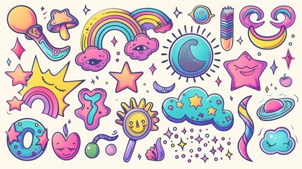 Fototapeta premium Colorful stickers arranged on a clean white background, suitable for illustration or design