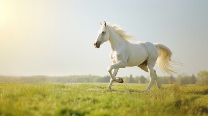 Obraz premium White Horse Running in a Meadow
