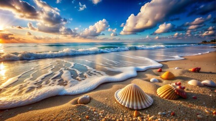 photography of a serene beach with waves and seashells