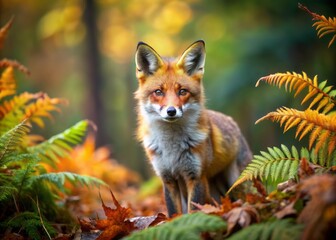 A curious red fox stands alert in a vibrant autumn forest, surrounded by rustling leaves and ferns, its bushy tail twitching with silent intensity.