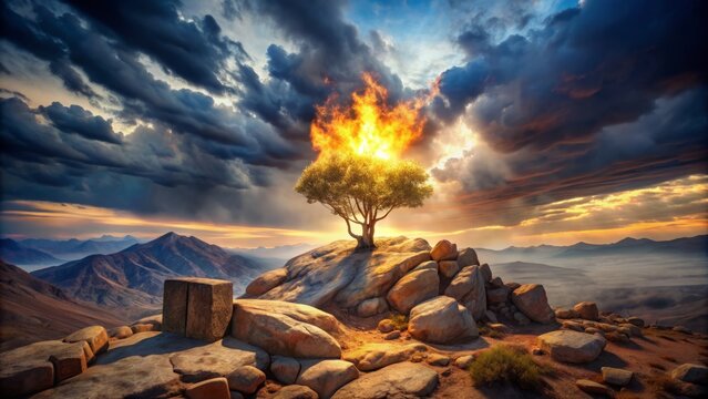 Dramatic clouds surround a blazing bush atop Mount Sinai, illuminated by divine light, with two stone tablets lying on a rocky outcropping amidst a desert landscape.