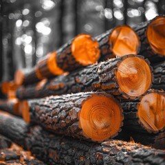 Freshly Cut Logs Stacked in a Forest: Close-up of Timber in a Woodland Setting with Natural Texture and Vibrant Colors