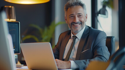 Fototapeta premium Smiling mature business executive using laptop in office professional corporate technology manager working at desk