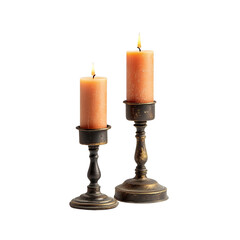Two burning candles on vintage candle holders