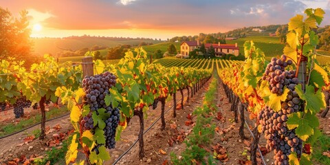 Picturesque Vineyard at Sunset with Rows of Ripe Grapevines and Scenic Countryside in Background â€“ Perfect for Wine Enthusiasts and Nature Lovers