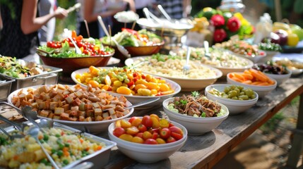 Fototapeta premium Potluck Dinner: Plan a potluck dinner, inviting guests to bring their favorite dishes. Enjoy a spread of homemade meals and the lively company of friends. 