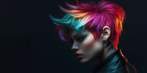 Spiky, textured hair with bright highlights, bold and rebellious, set against a dark background